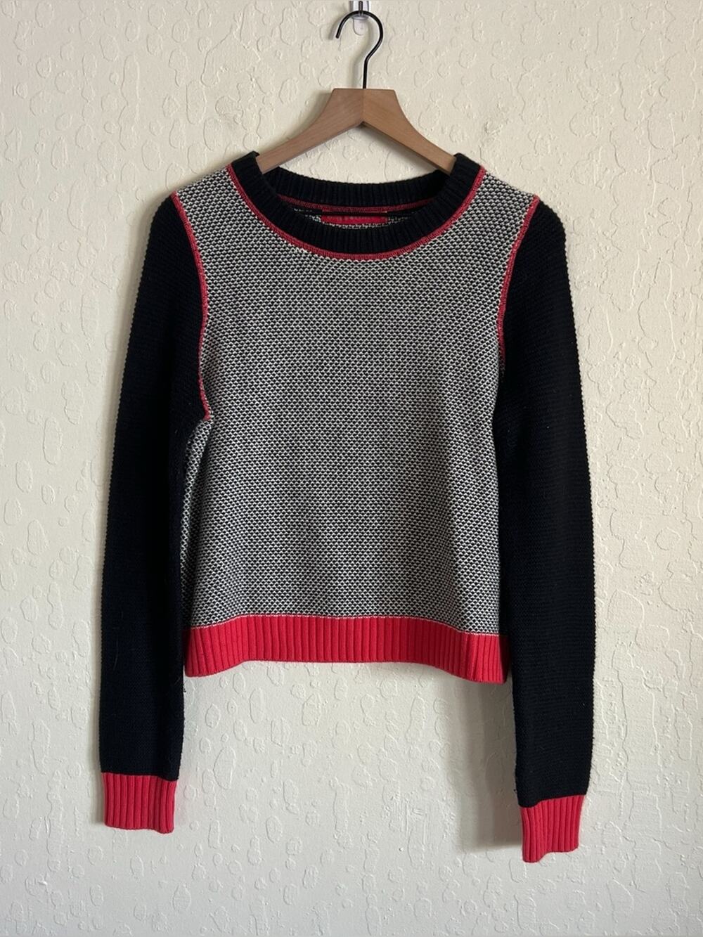 Krimson Klover Wool Nylon Boxy Crewneck Sweater Medium Black Red Textured Knit